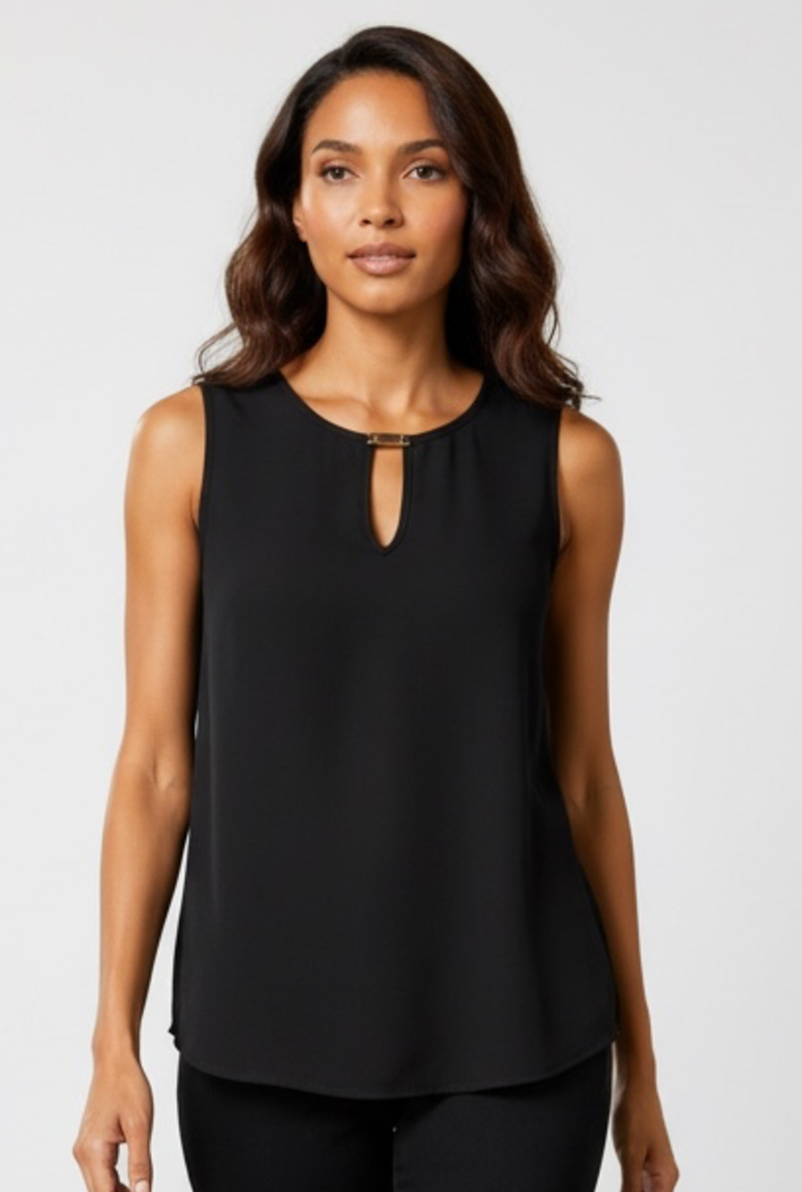 IMNYC Women's Sleeveless Black Keyhole Tank Top with Gold Hardware Detail